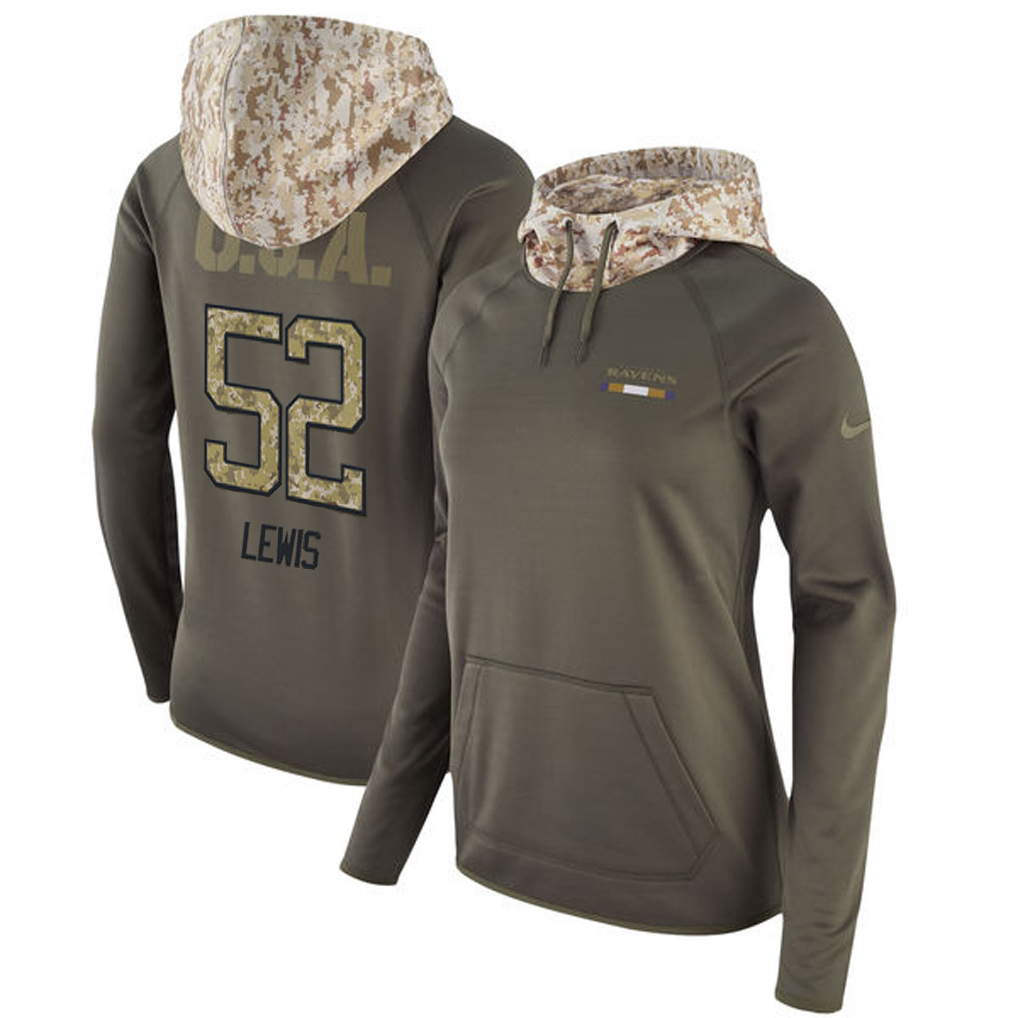 Nike Ravens 52 Ray Lewis Olive Women Salute To Service Pullover Hoodie
