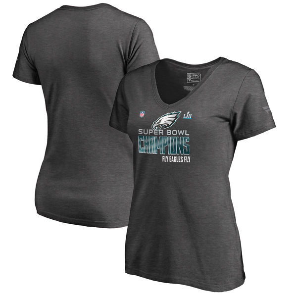 Women's Philadelphia Eagles NFL Pro Line by Fanatics Branded Heathered Charcoal Super Bowl LII Champions T Shirt - Click Image to Close