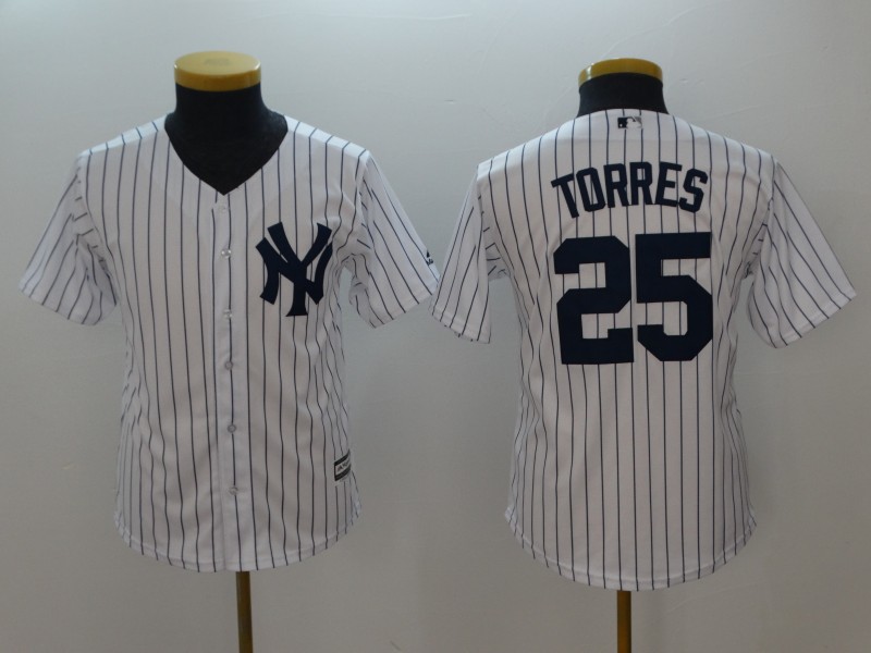 Yankees 25 Gleyber Torres White Youth Cool Base Jersey - Click Image to Close