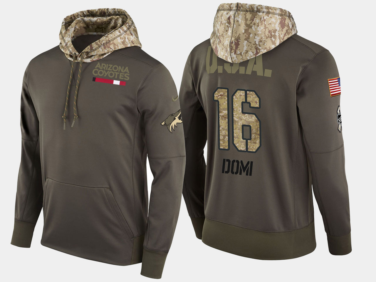 Nike Coyotes 16 Max Domi Olive Salute To Service Pullover Hoodie - Click Image to Close