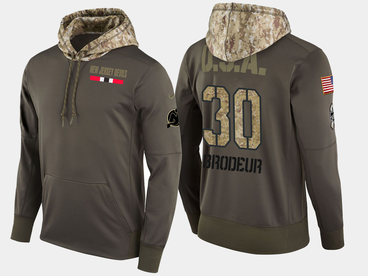 Nike Devils 30 Martin Brodeur Retired Olive Salute To Service Pullover Hoodie