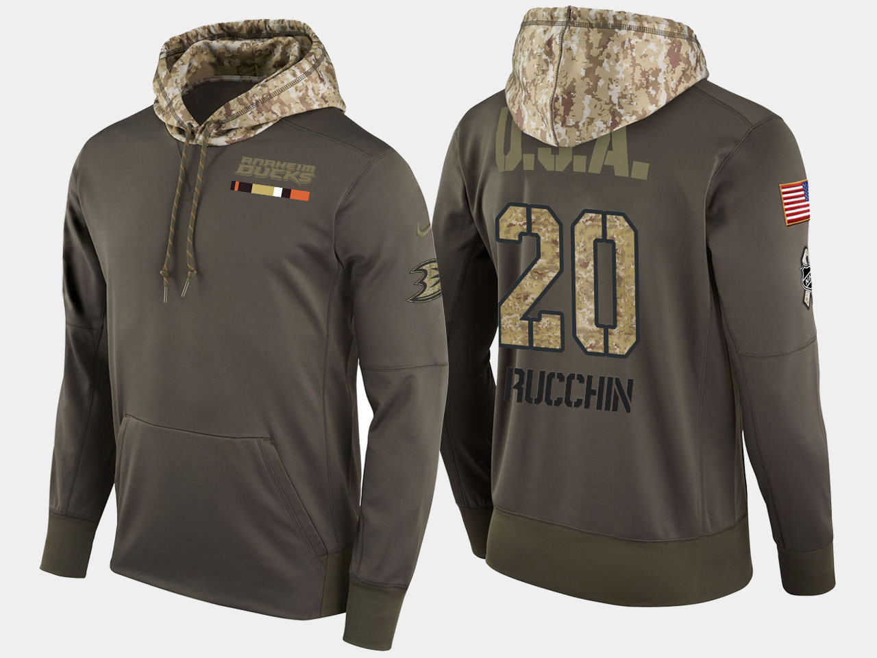 Nike Ducks 20 Steve Rucchin Retired Olive Salute To Service Pullover Hoodie - Click Image to Close
