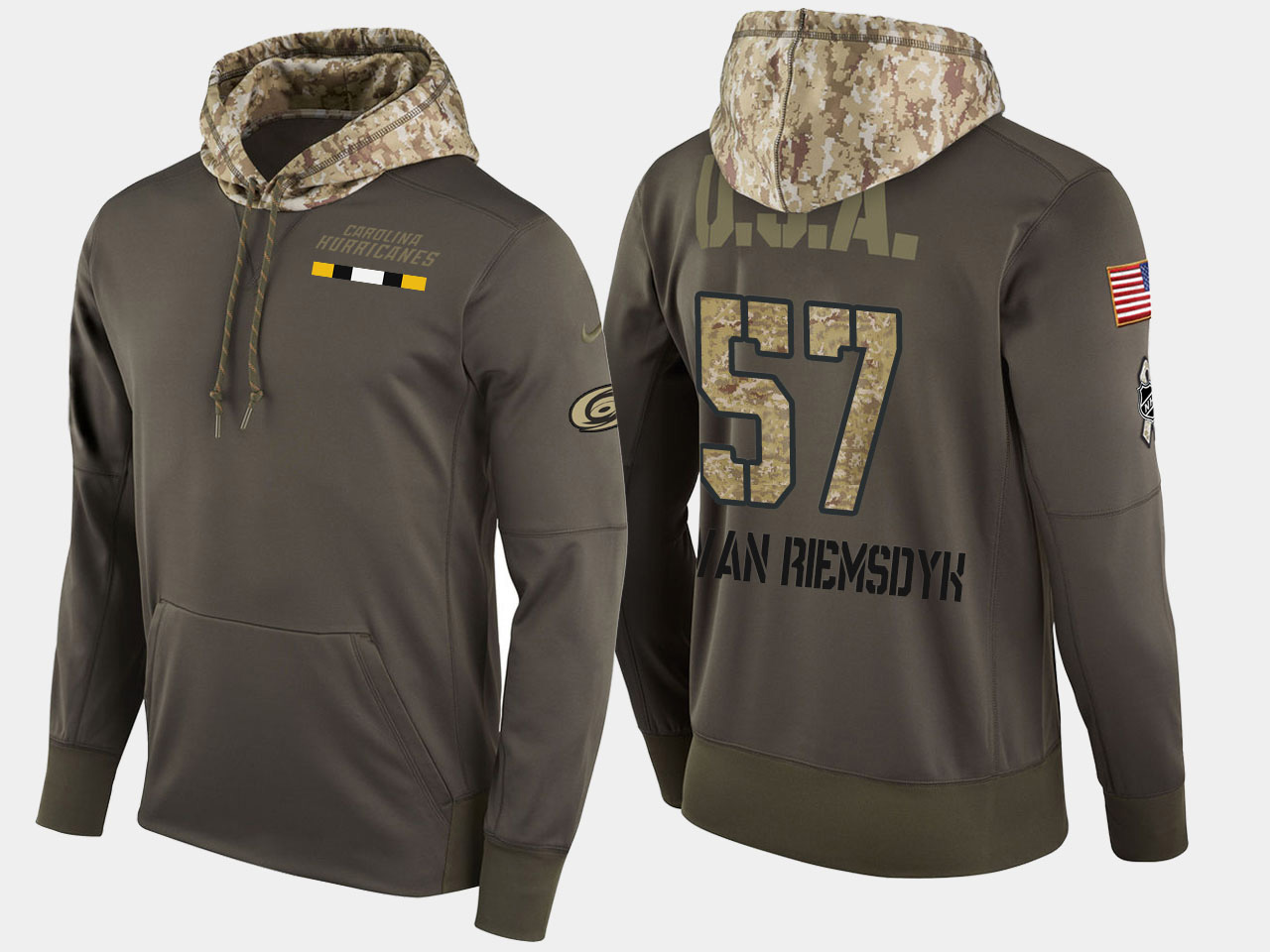 Nike Hurricanes 57 Trevor Van Riemsdyk Olive Salute To Service Pullover Hoodie - Click Image to Close