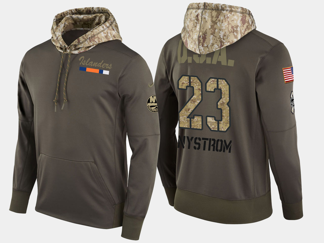Nike Islanders 23 Bob Nystrom Retired Olive Salute To Service Pullover Hoodie