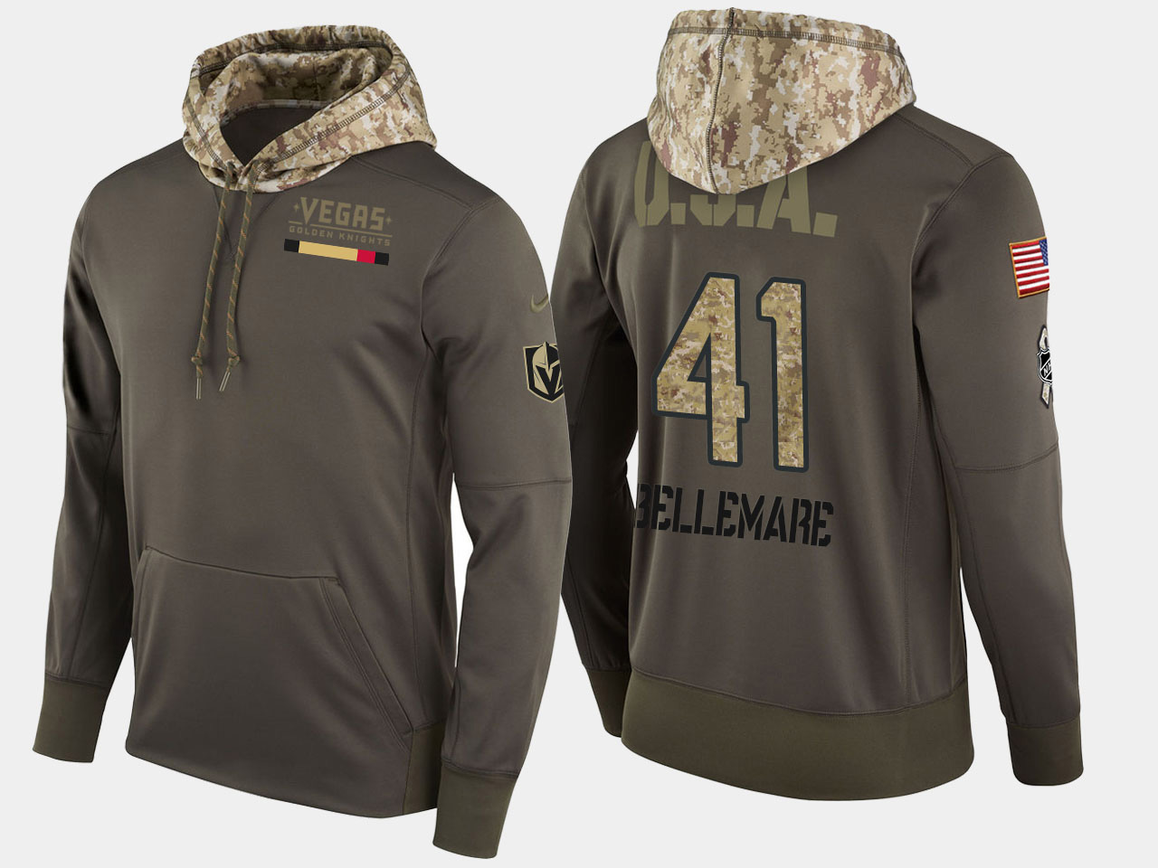 Nike Vegas Golden Knights 41 Pierre Edouard Bellemare Olive Salute To Service Pullover Hoodie