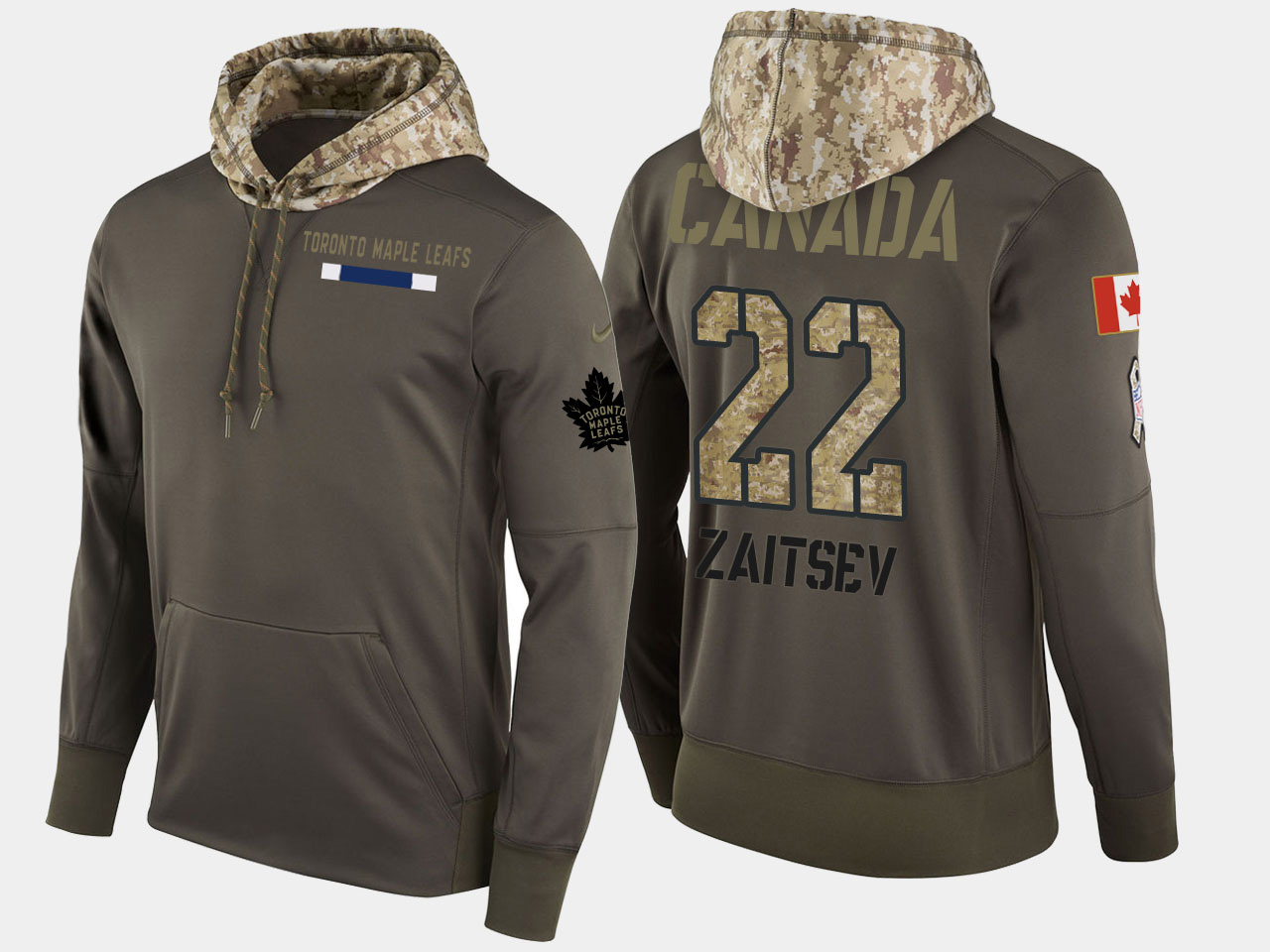 Nike Maple Leafs 22 Nikita Zaitsev Olive Salute To Service Pullover Hoodie