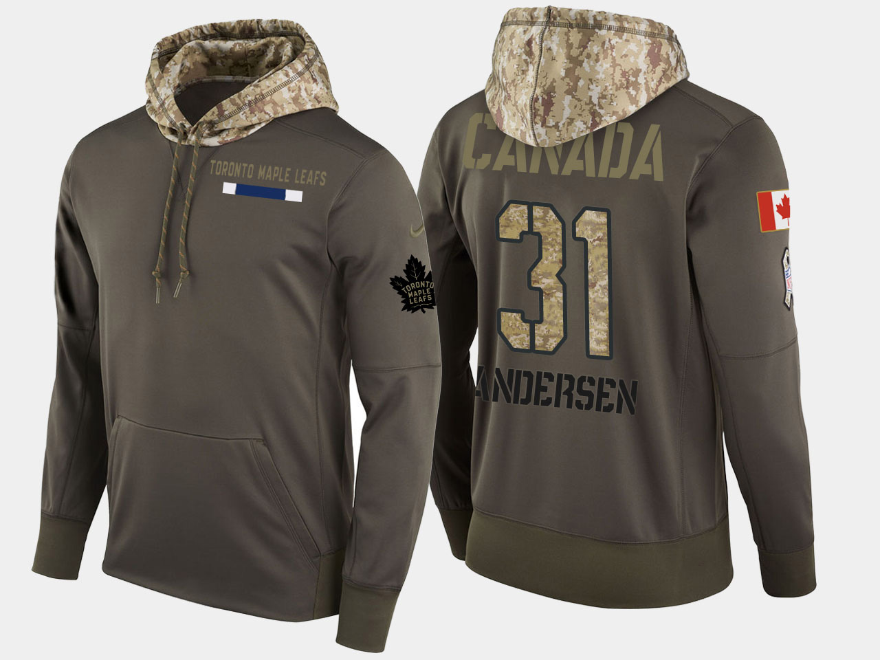 Nike Maple Leafs 31 Frederik Andersen Olive Salute To Service Pullover Hoodie