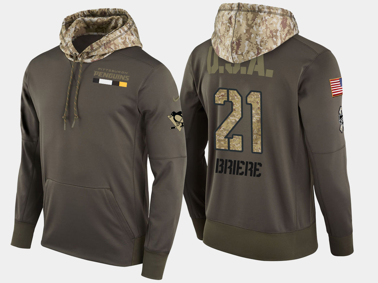 Nike Penguins 21 Michel Briere Retired Olive Salute To Service Pullover Hoodie