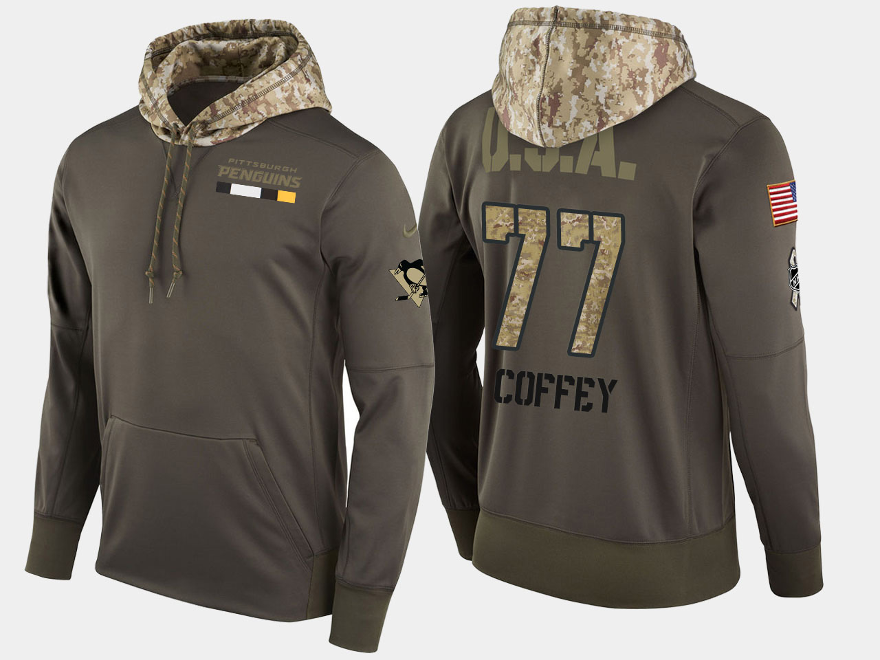 Nike Penguins 77 Paul Coffey Retired Olive Salute To Service Pullover Hoodie