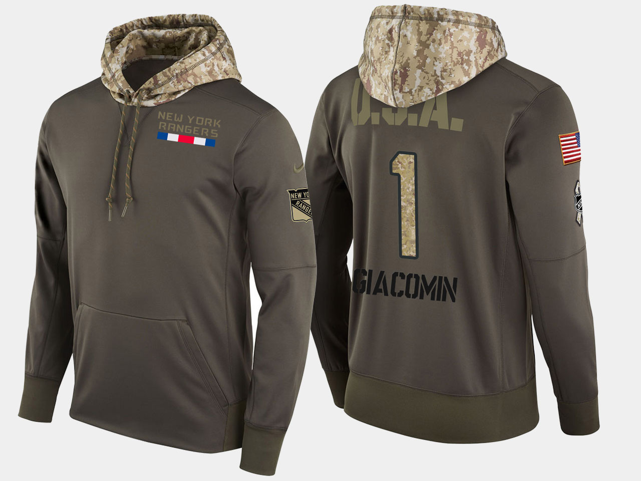 Nike Rangers 1 Eddie Giacomin Retired Olive Salute To Service Pullover Hoodie