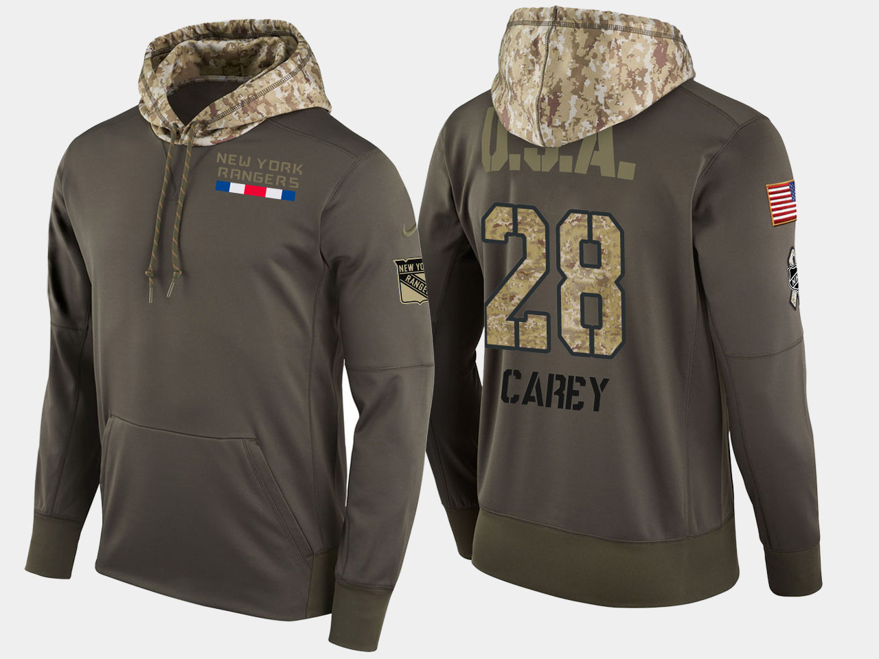 Nike Rangers 28 Paul Carey Olive Salute To Service Pullover Hoodie