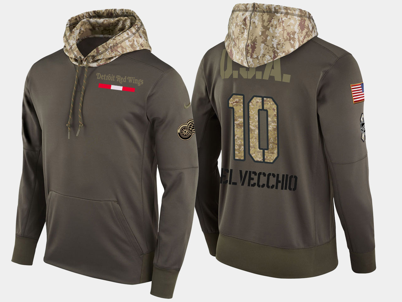 Nike Red Wings 10 Alex Delvecchio Retired Olive Salute To Service Pullover Hoodie