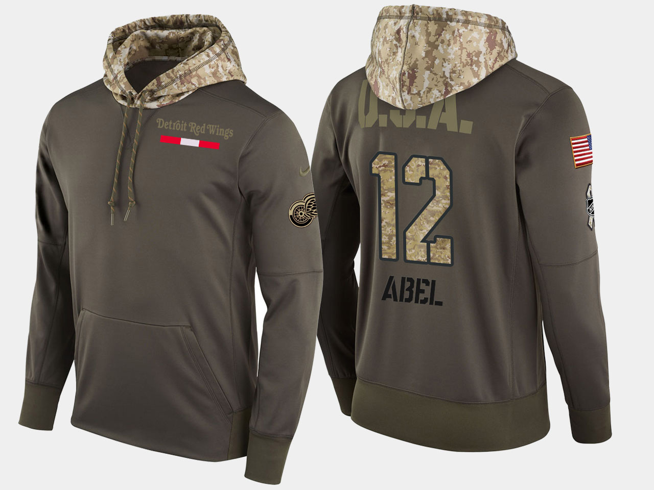Nike Red Wings 12 Sid Abel Retired Olive Salute To Service Pullover Hoodie