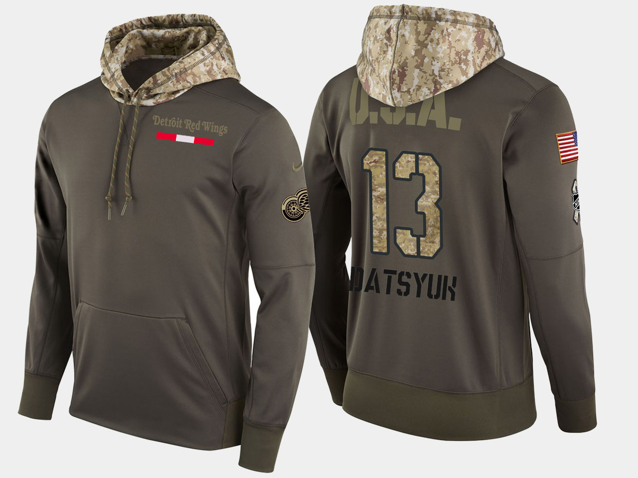 Nike Red Wings 13 Pavel Datsyuk Retired Olive Salute To Service Pullover Hoodie