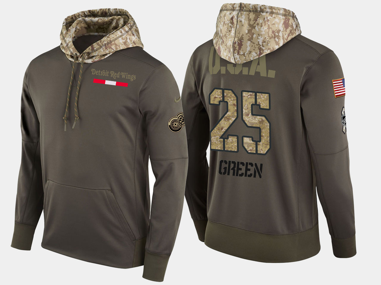 Nike Red Wings 25 Mike Green Olive Salute To Service Pullover Hoodie