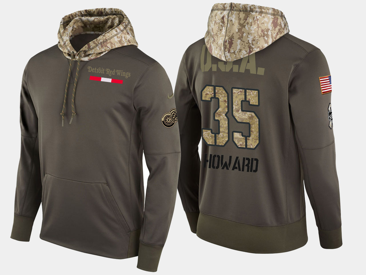Nike Red Wings 35 Jimmy Howard Olive Salute To Service Pullover Hoodie