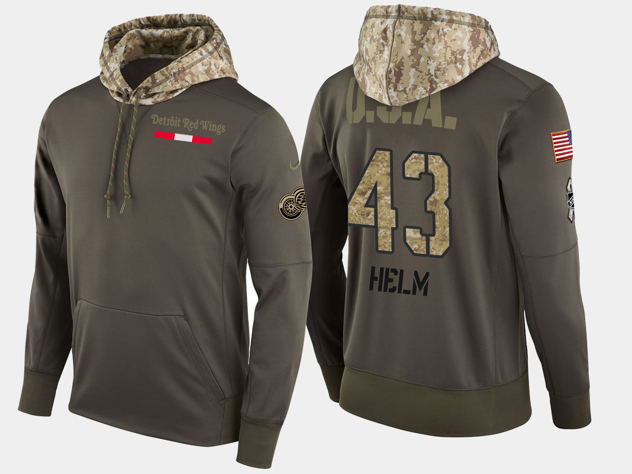 Nike Red Wings 43 Darren Helm Olive Salute To Service Pullover Hoodie