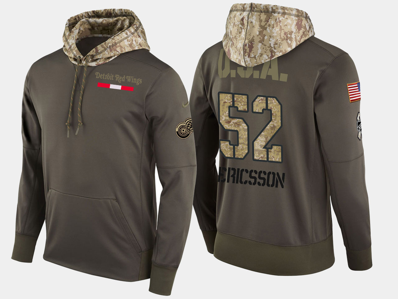 Nike Red Wings 52 Jonathan Ericsson Olive Salute To Service Pullover Hoodie