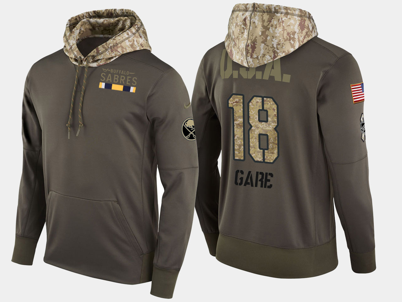 Nike Sabres 18 Danny Gare Retired Olive Salute To Service Pullover Hoodie