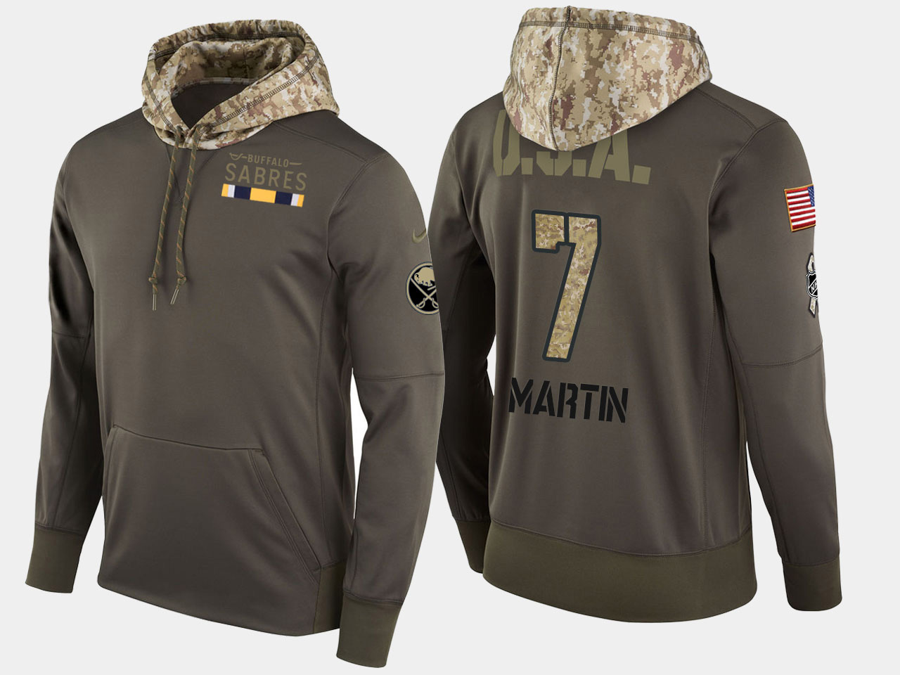 Nike Sabres 7 Rick Martin Retired Olive Salute To Service Pullover Hoodie