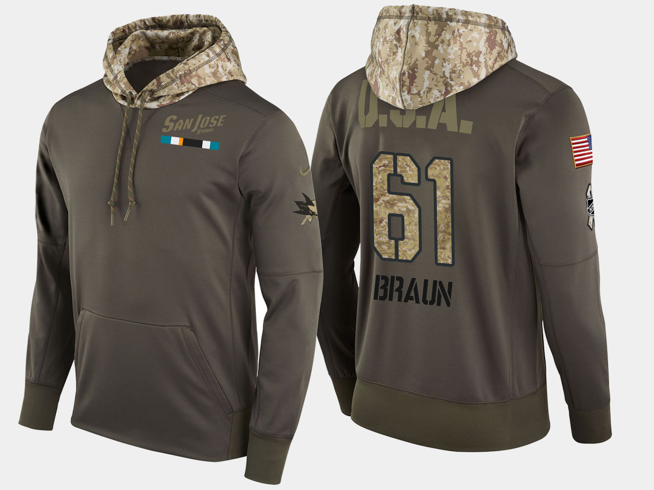 Nike Sharks 61 Justin Braun Olive Salute To Service Pullover Hoodie