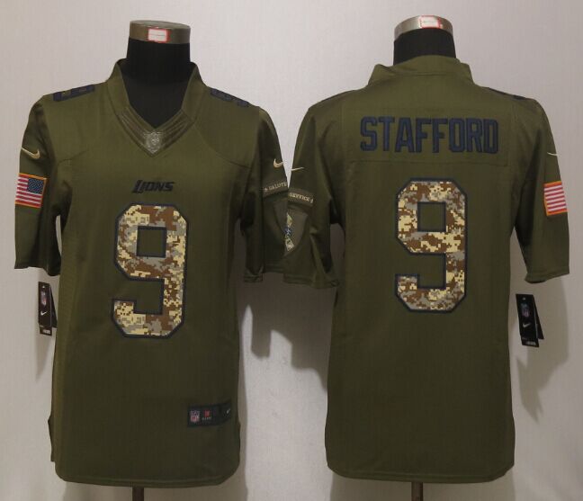Nike Lions 9 Matthew Stafford Olive Camo Salute To Service Limited Jersey
