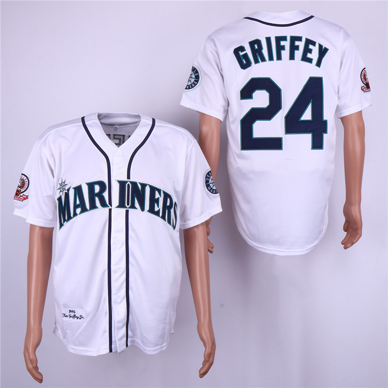 Mariners 24 Ken Griffey Jr. White 1995 Throwback Jersey - Click Image to Close