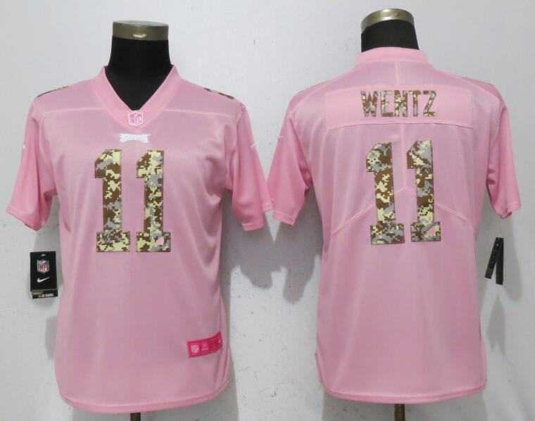 Nike Eagles 11 Carson Wentz Pink Camo Fashion Women Limited Jersey