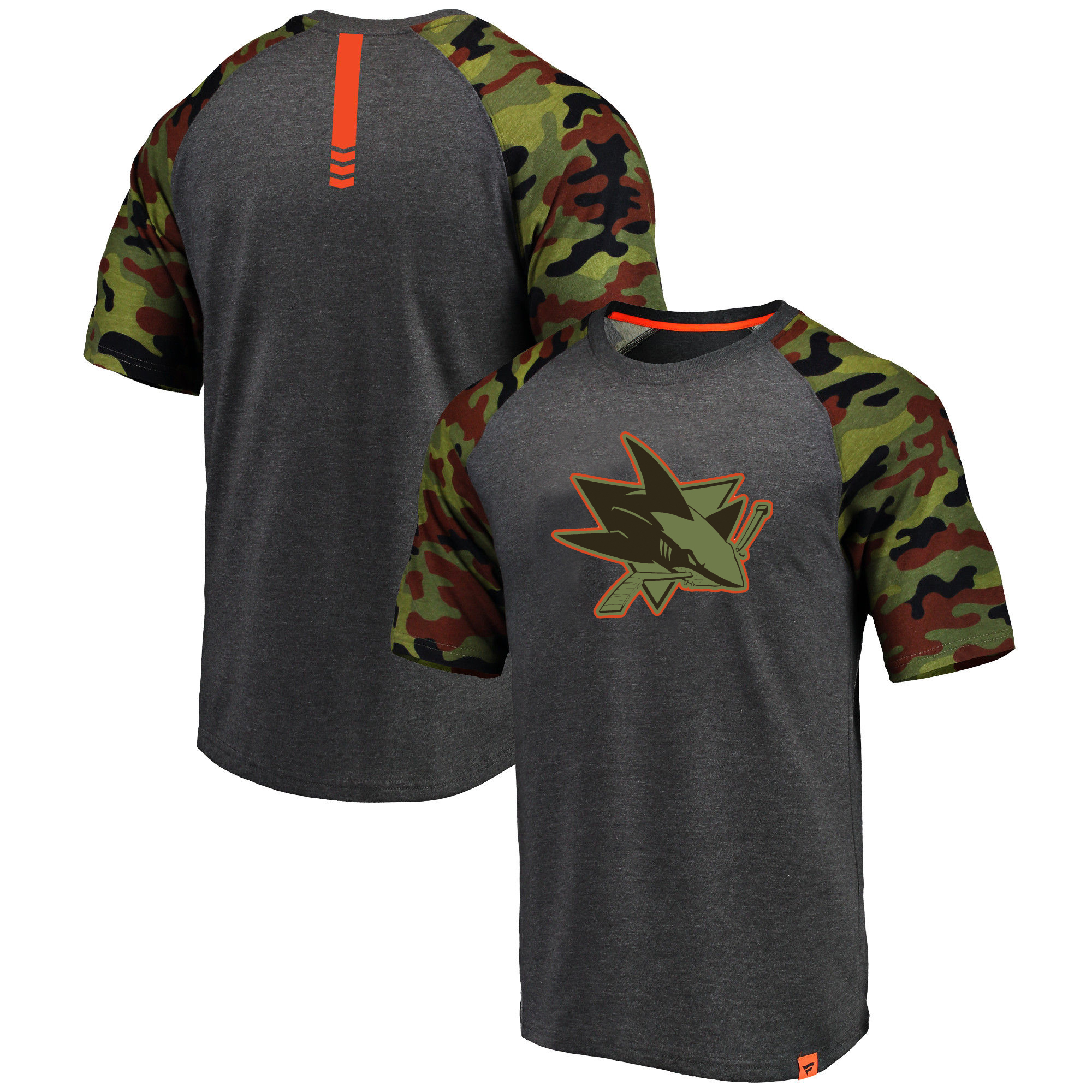 San Jose Sharks Fanatics Branded Heathered Gray/Camo Recon Camo Raglan T-Shirt