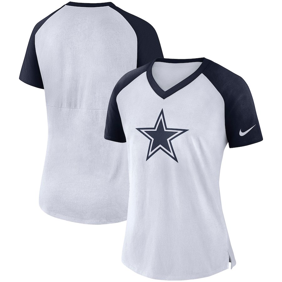 Dallas Cowboys Nike Women's Top V Neck T-Shirt White/Navy - Click Image to Close