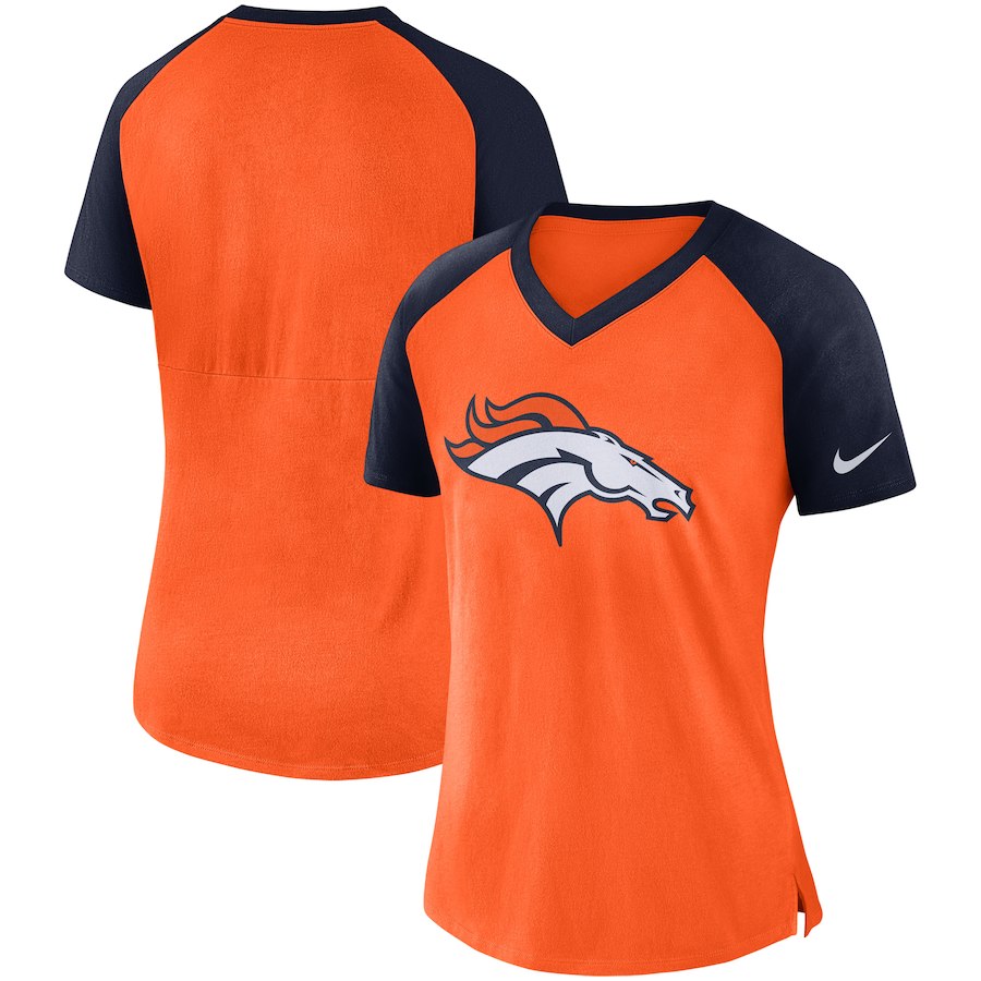 Denver Broncos Nike Women's Top V Neck T-Shirt Orange/Navy - Click Image to Close