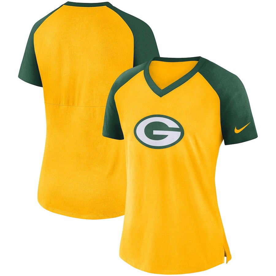 Green Bay Packers Nike Women's Top V Neck T-Shirt Gold/Green - Click Image to Close
