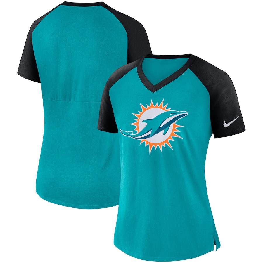 Miami Dolphins Nike Women's Top V Neck T-Shirt Aqua/Black - Click Image to Close