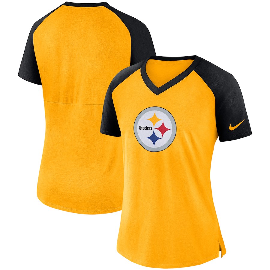 Pittsburgh Steelers Nike Women's Top V Neck T-Shirt Gold/Black - Click Image to Close