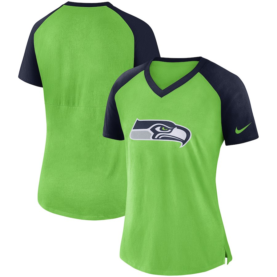 Seattle Seahawks Nike Women's Top V Neck T-Shirt Neon Green College Navy - Click Image to Close