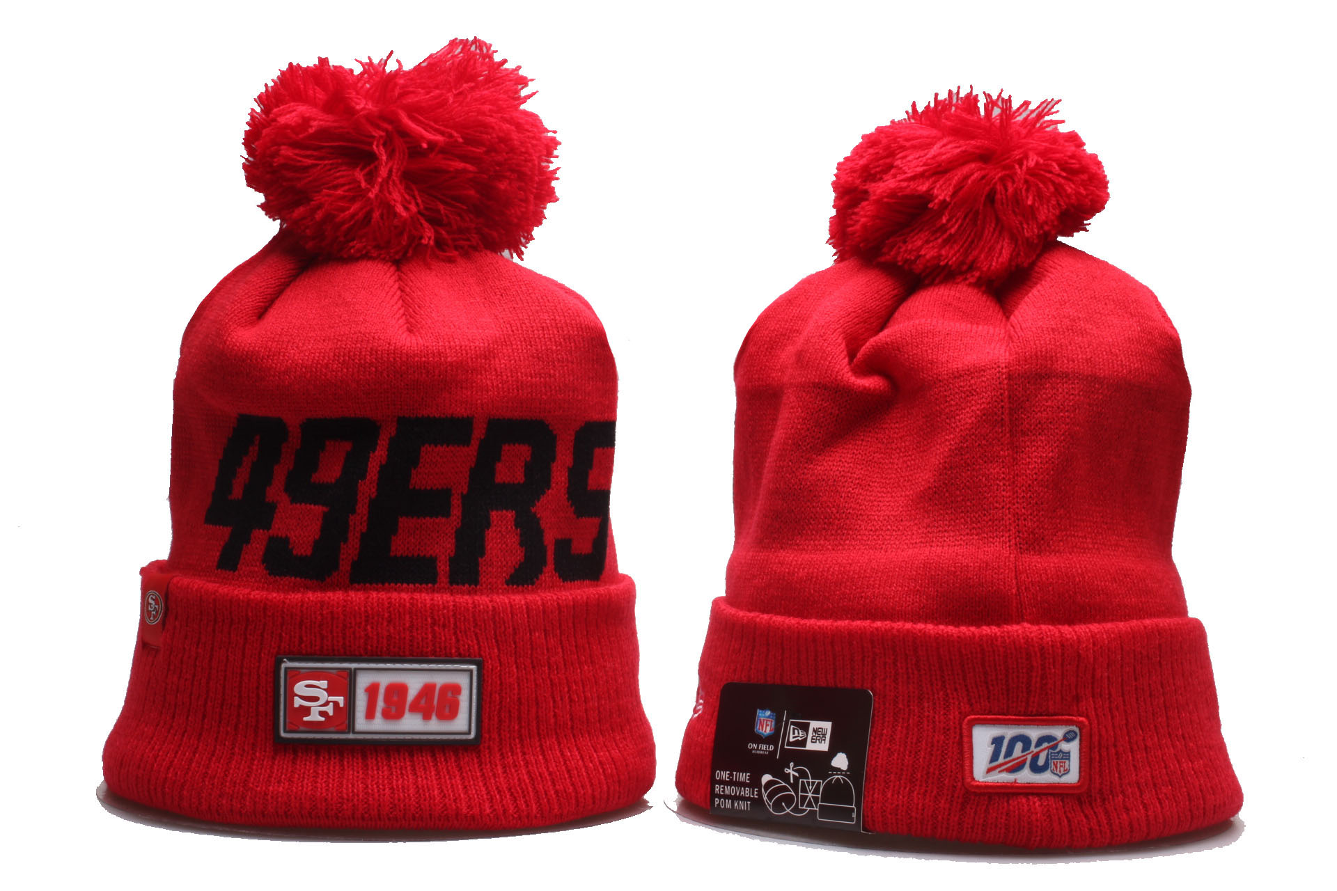49ers Team Logo Red 100th Season Cuffed Pom Knit Hat YP