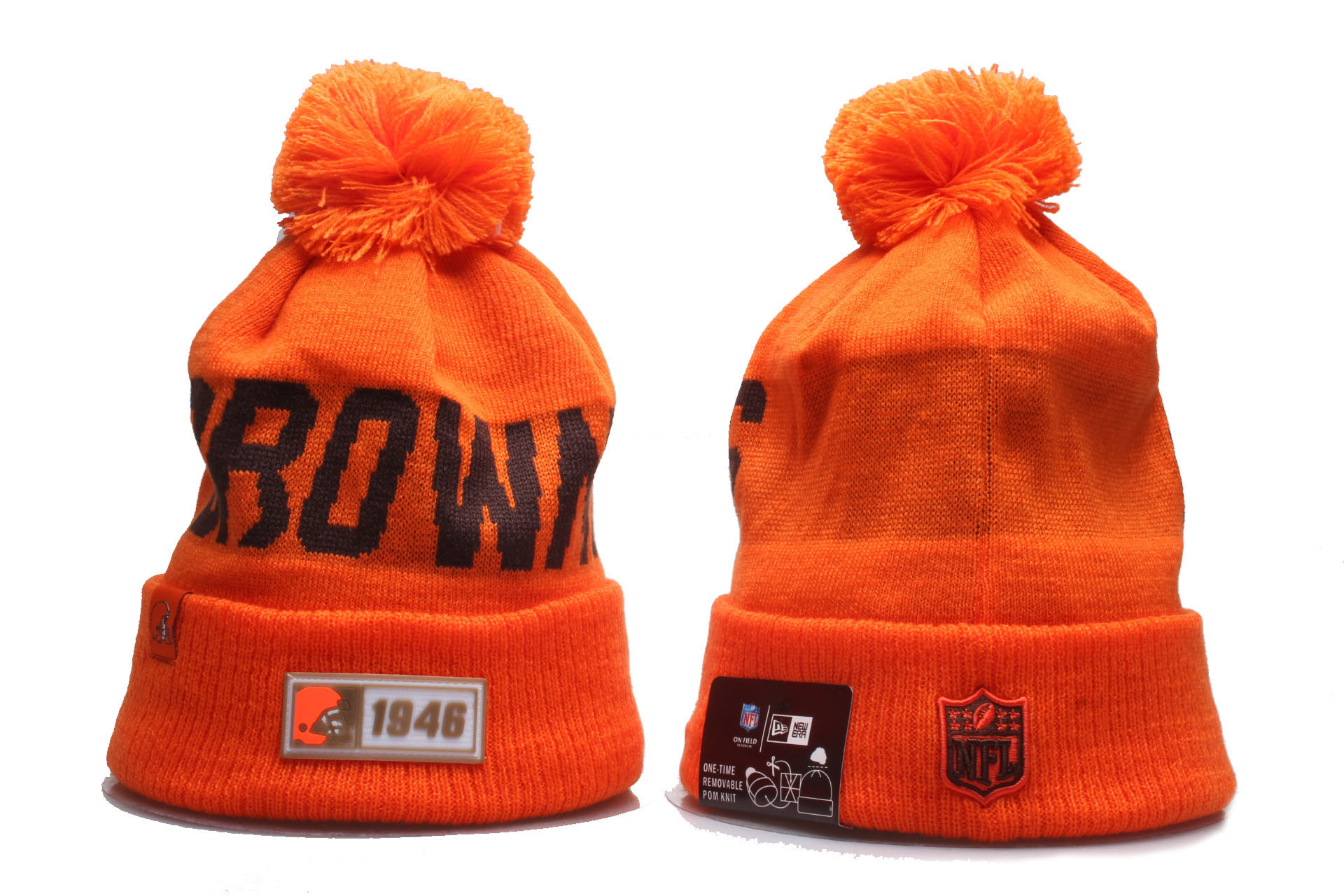 Browns Team Logo Orange Cuffed Pom Knit Hat YP - Click Image to Close