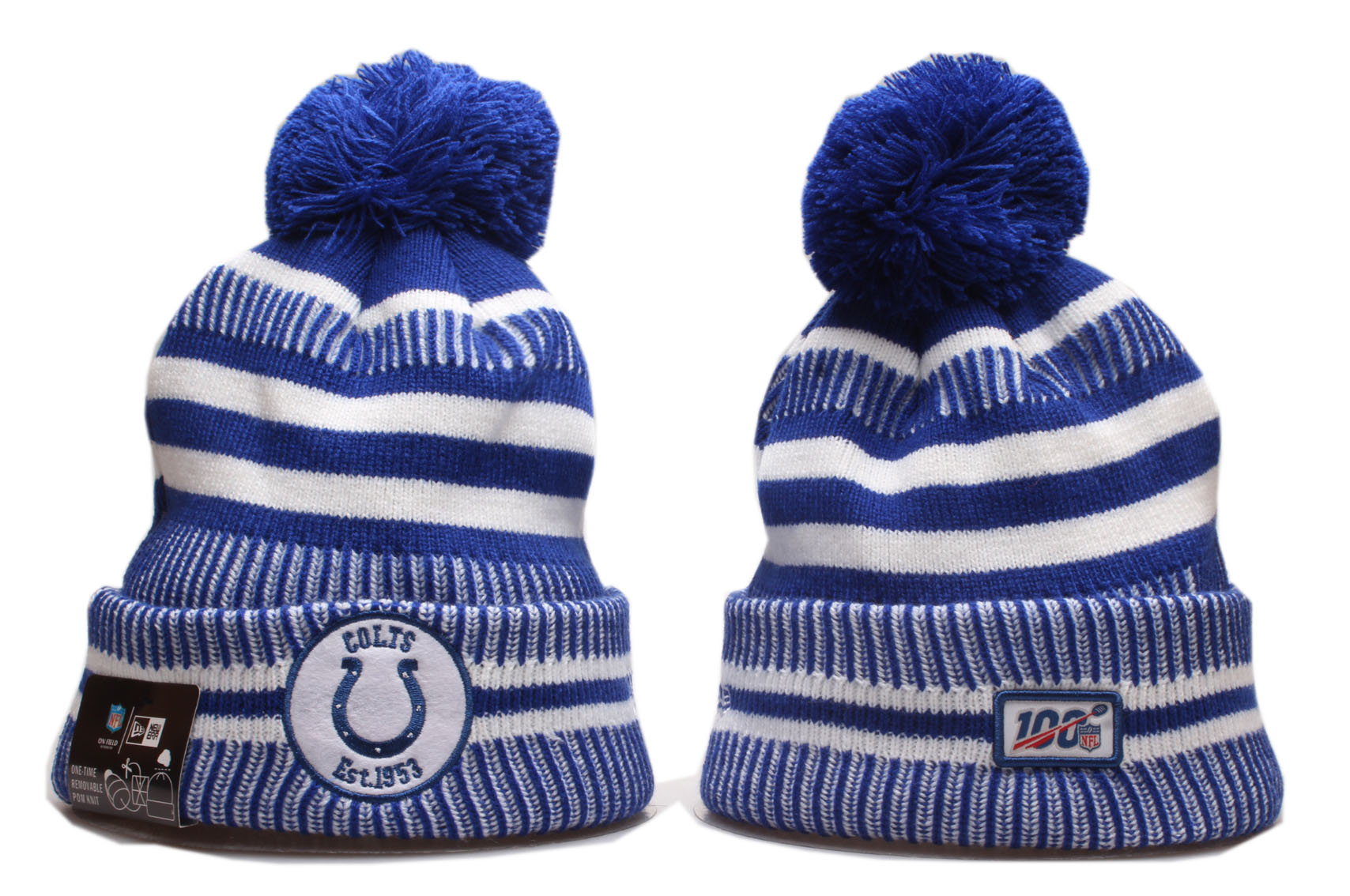 Colts Fresh Logo Blue 100th Season Cuffed Pom Knit Hat YP