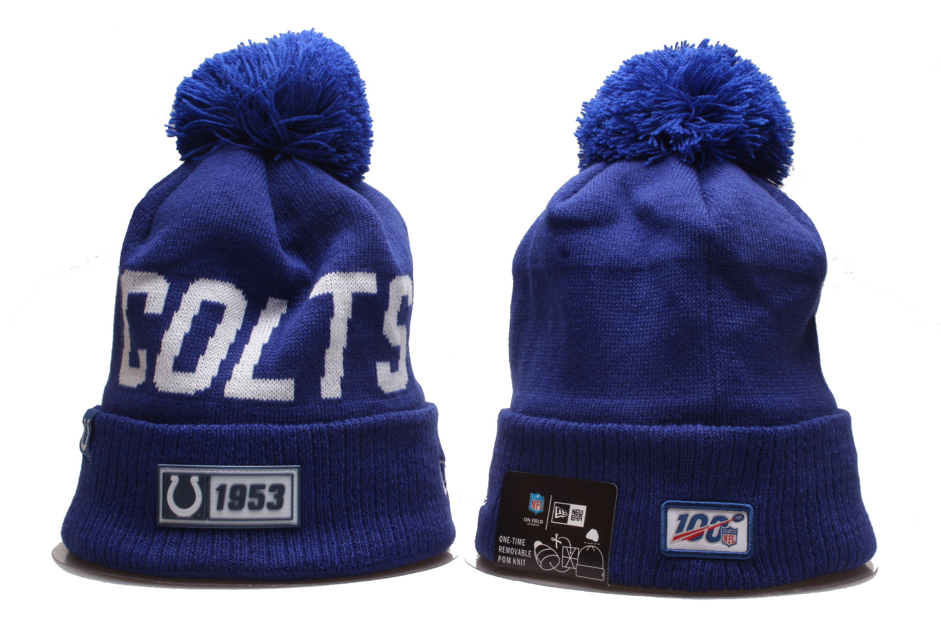 Colts Team Logo Blue 100th Season Cuffed Pom Knit Hat YP
