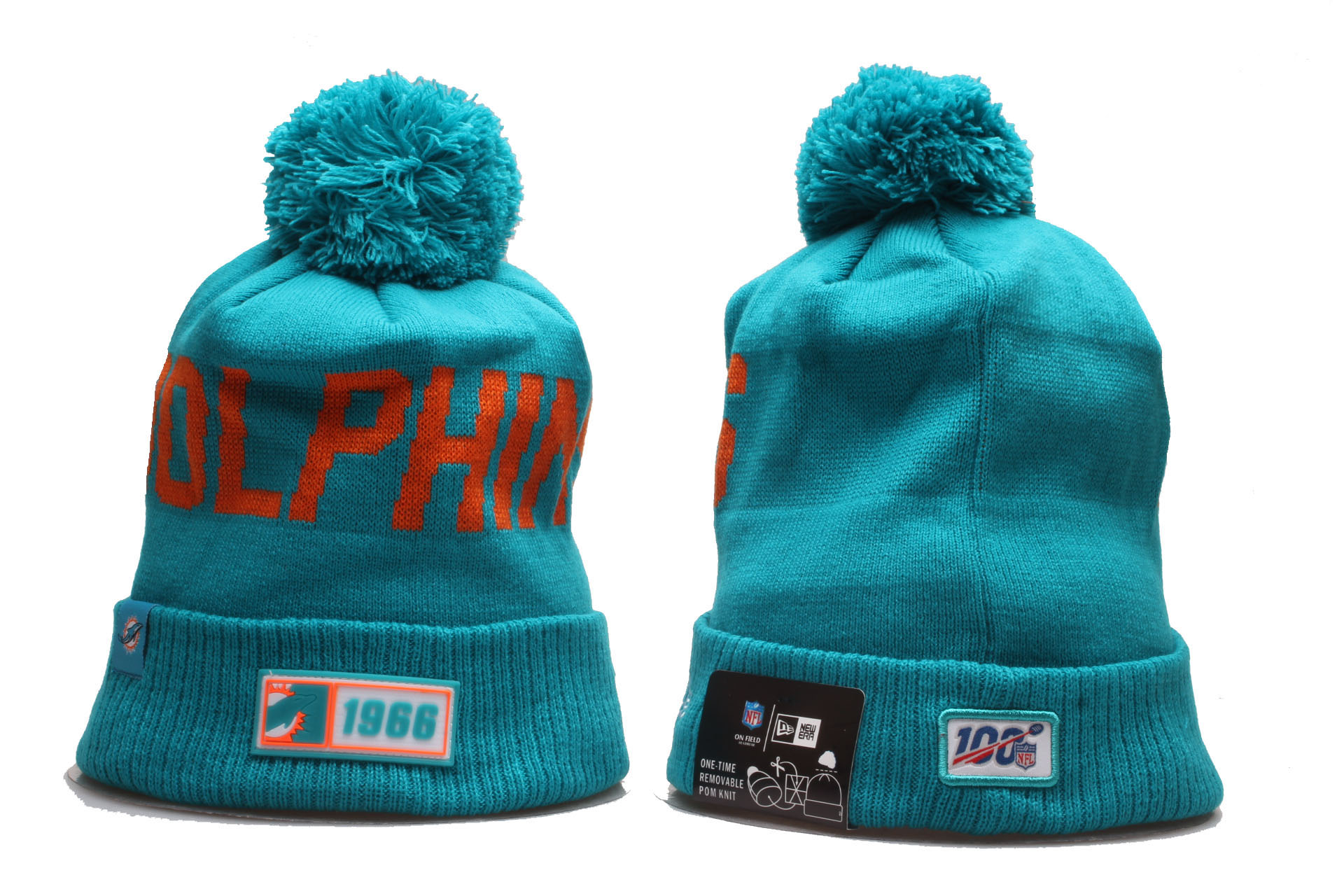 Dolphins Team Logo Aqua 100th Season Cuffed Pom Knit Hat YP