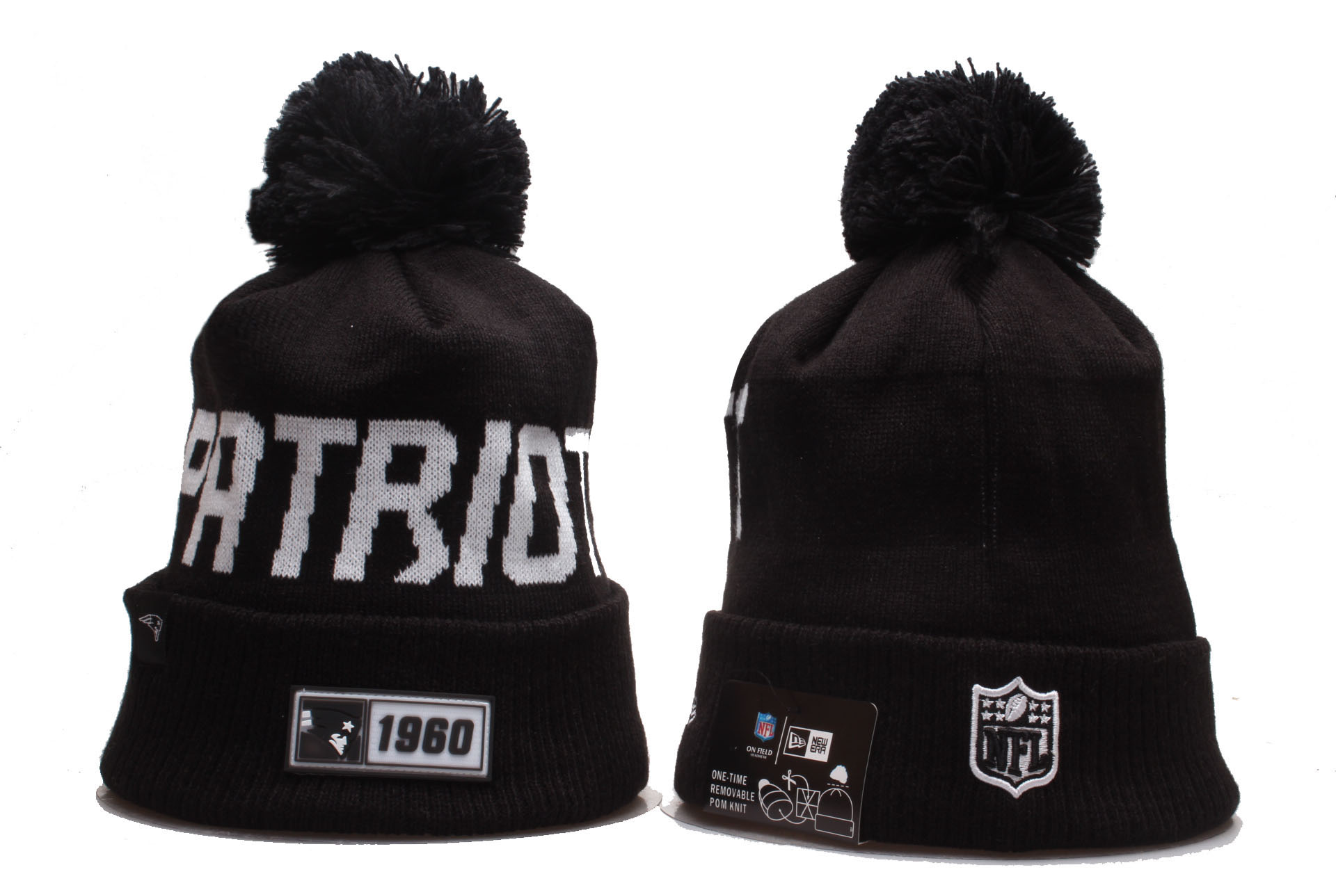 Patriots Team Logo Black Cuffed Pom Knit Hat YP