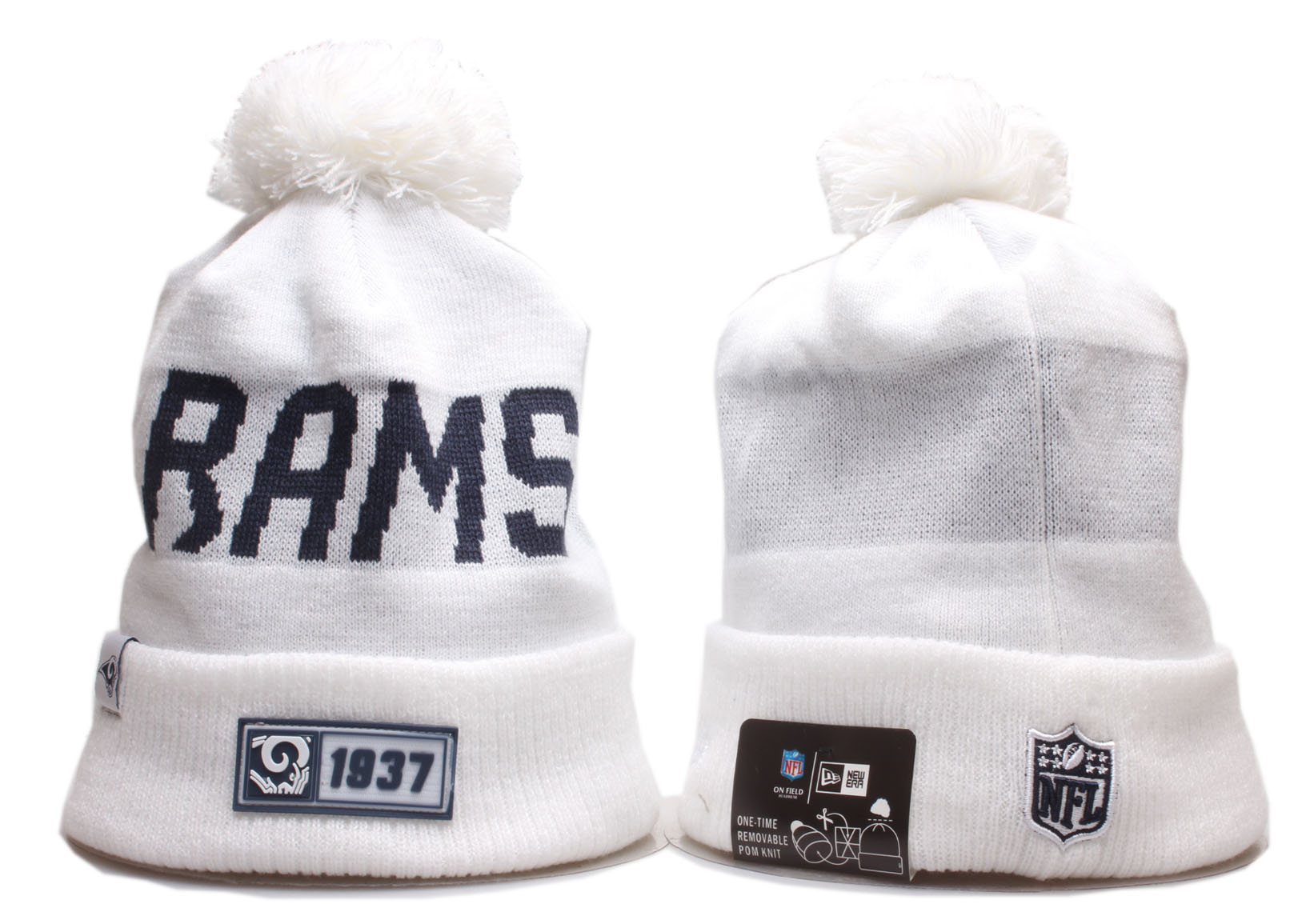 Rams Team Logo White Cuffed Pom Knit Hat YP