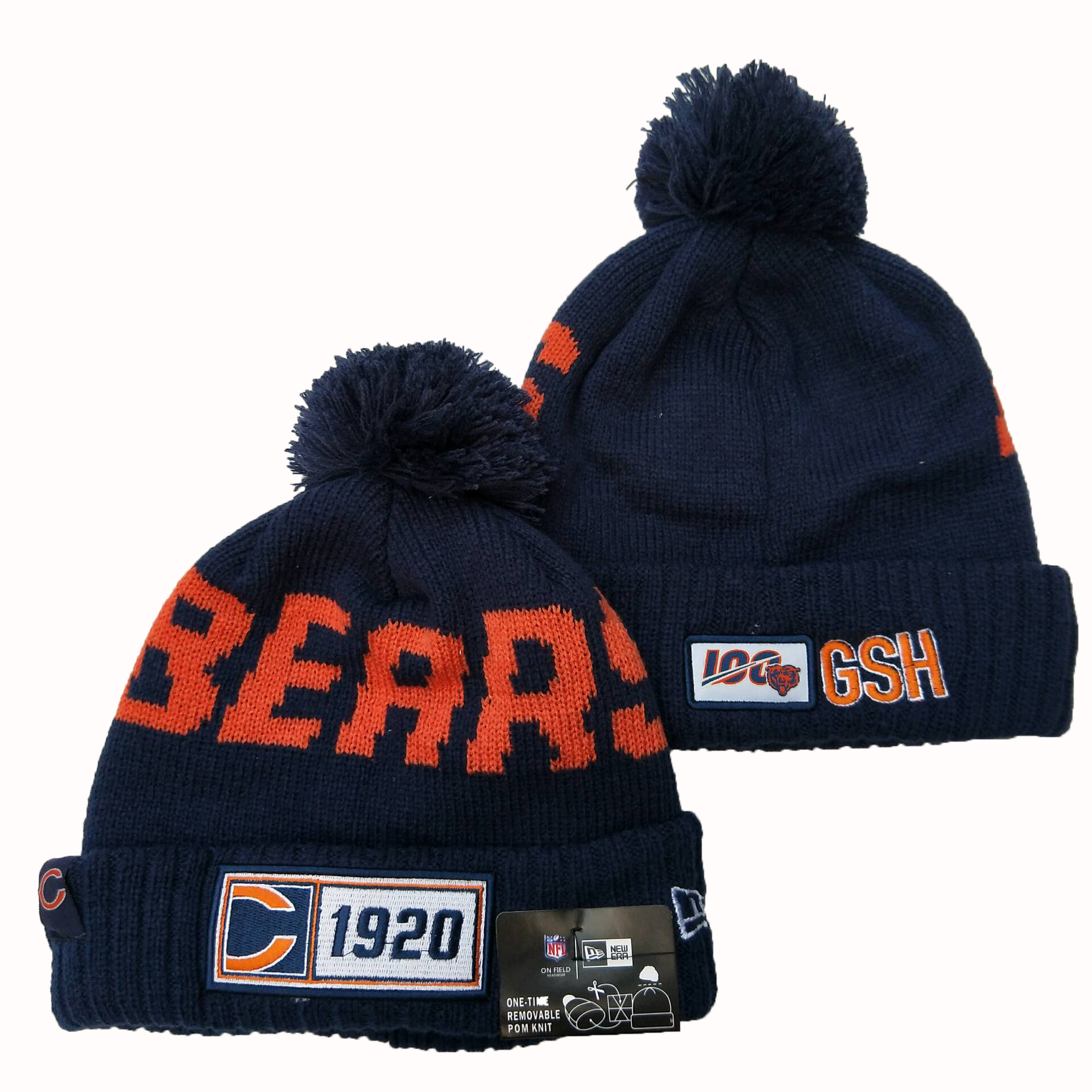 Bears Team Logo Navy 100th Season Pom Knit Hat YD