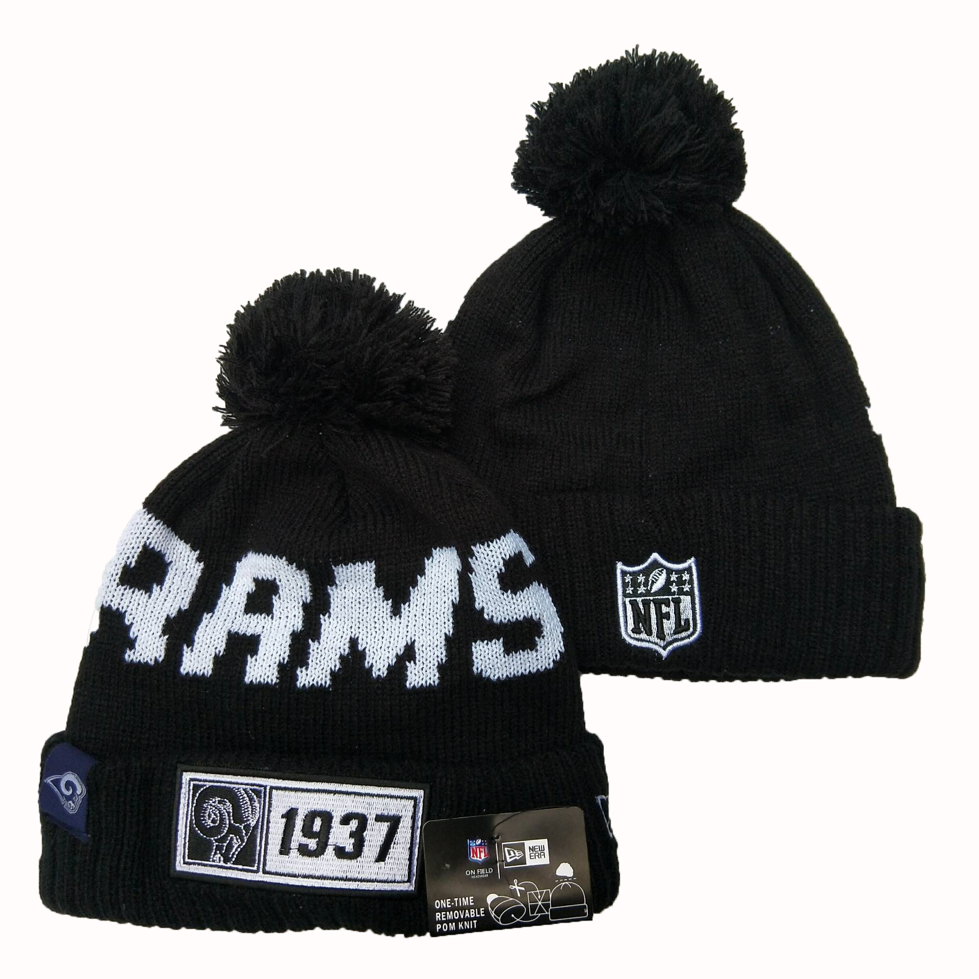 Rams Team Logo Black Cuffed Pom Knit Hat YD