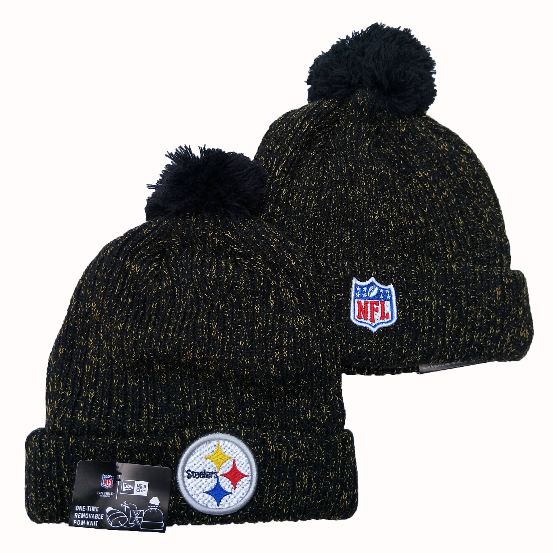 Steelers Team Logo Black Cuffed Pom Knit Hat YD - Click Image to Close