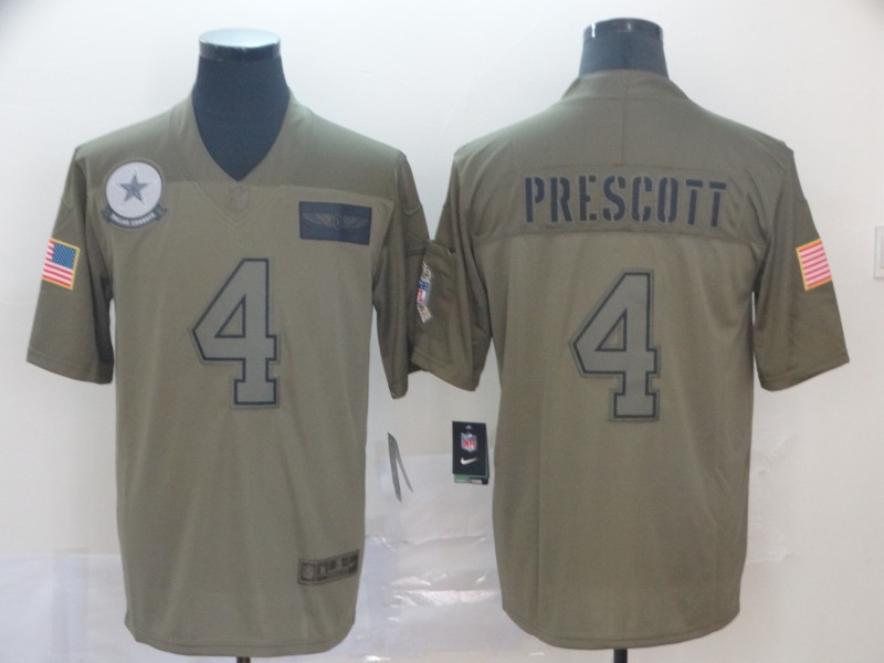 Nike Cowboys 4 Dak Prescott 2019 Olive Salute To Service Limited Jersey - Click Image to Close