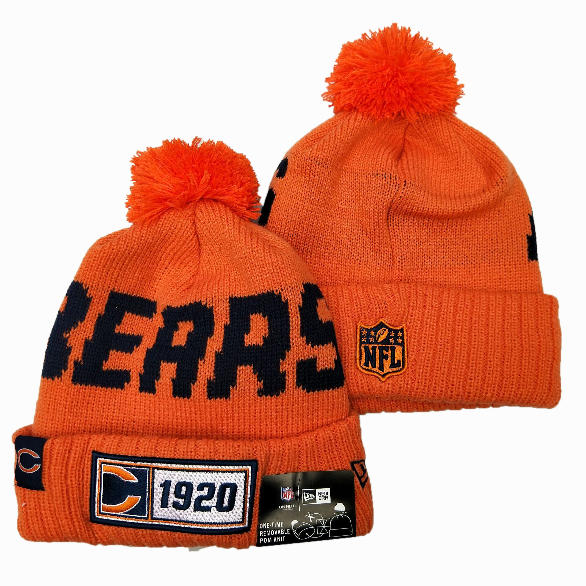 Bears Team Logo Orange Pom Knit Hat YD - Click Image to Close
