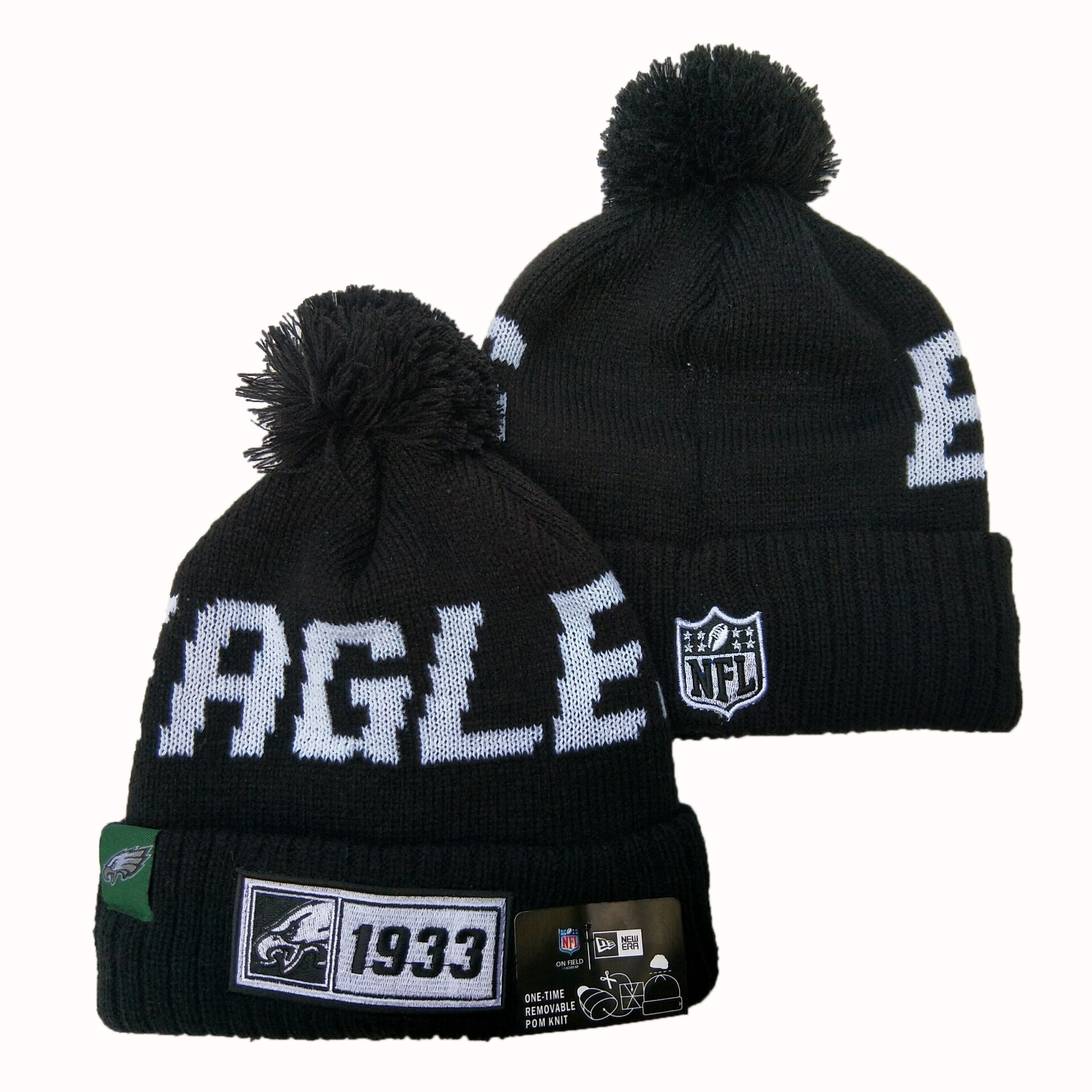 Eagles Fresh Logo Black Pom Knit Hat YD