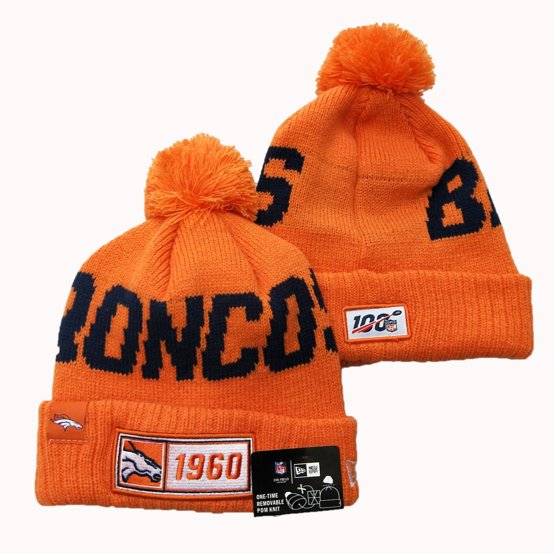 Broncos Team Logo Orange 100th Season Pom Knit Hat YD