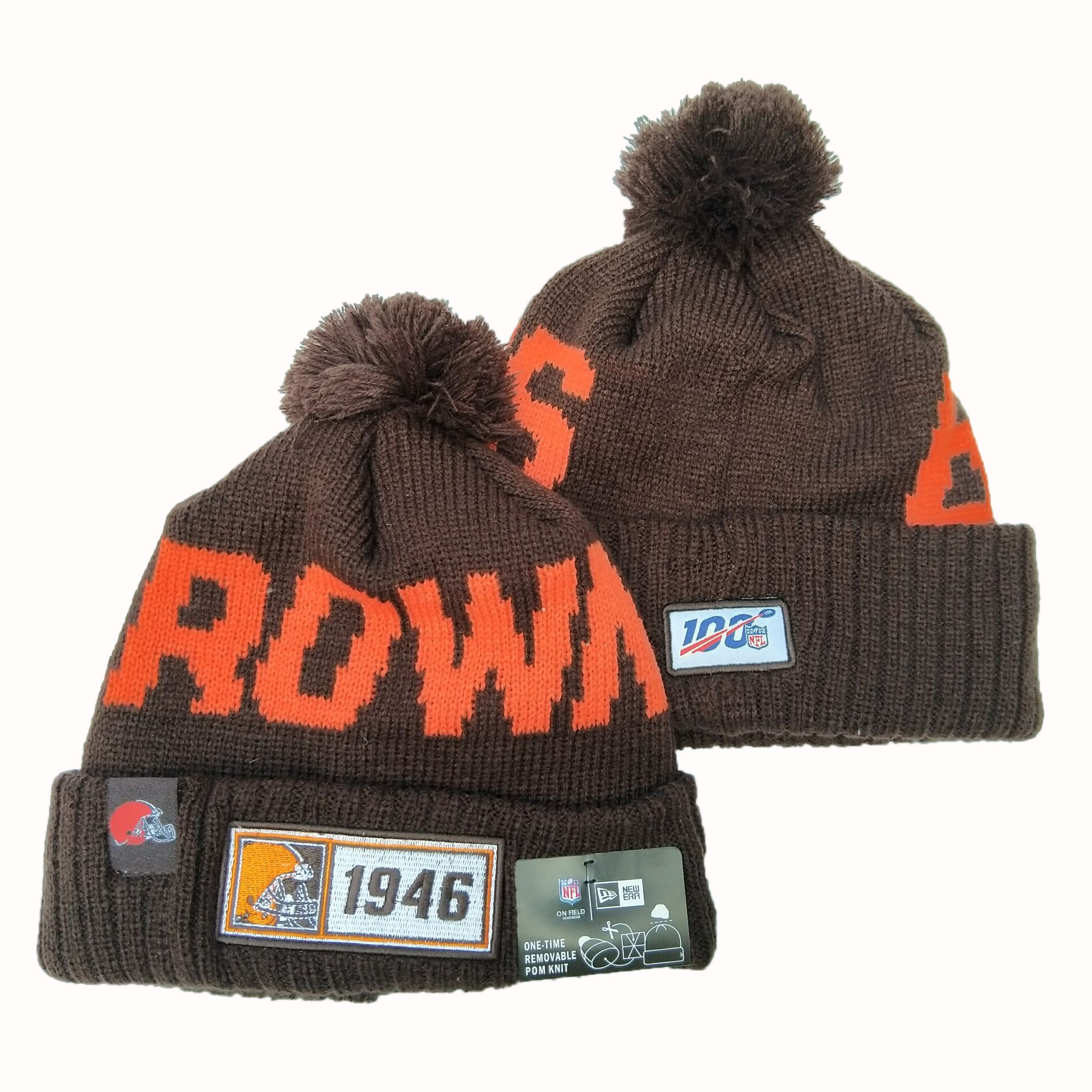 Browns Team Logo Brown 100th Season Pom Knit Hat YD